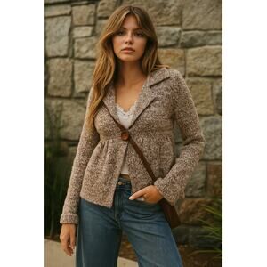 Y2K Anthropologie Kenji Babydoll Knit Large Button Twee Sweater Size Medium